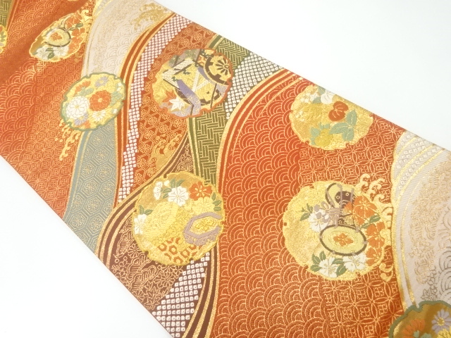 雪輪に御所車模様織出し袋帯